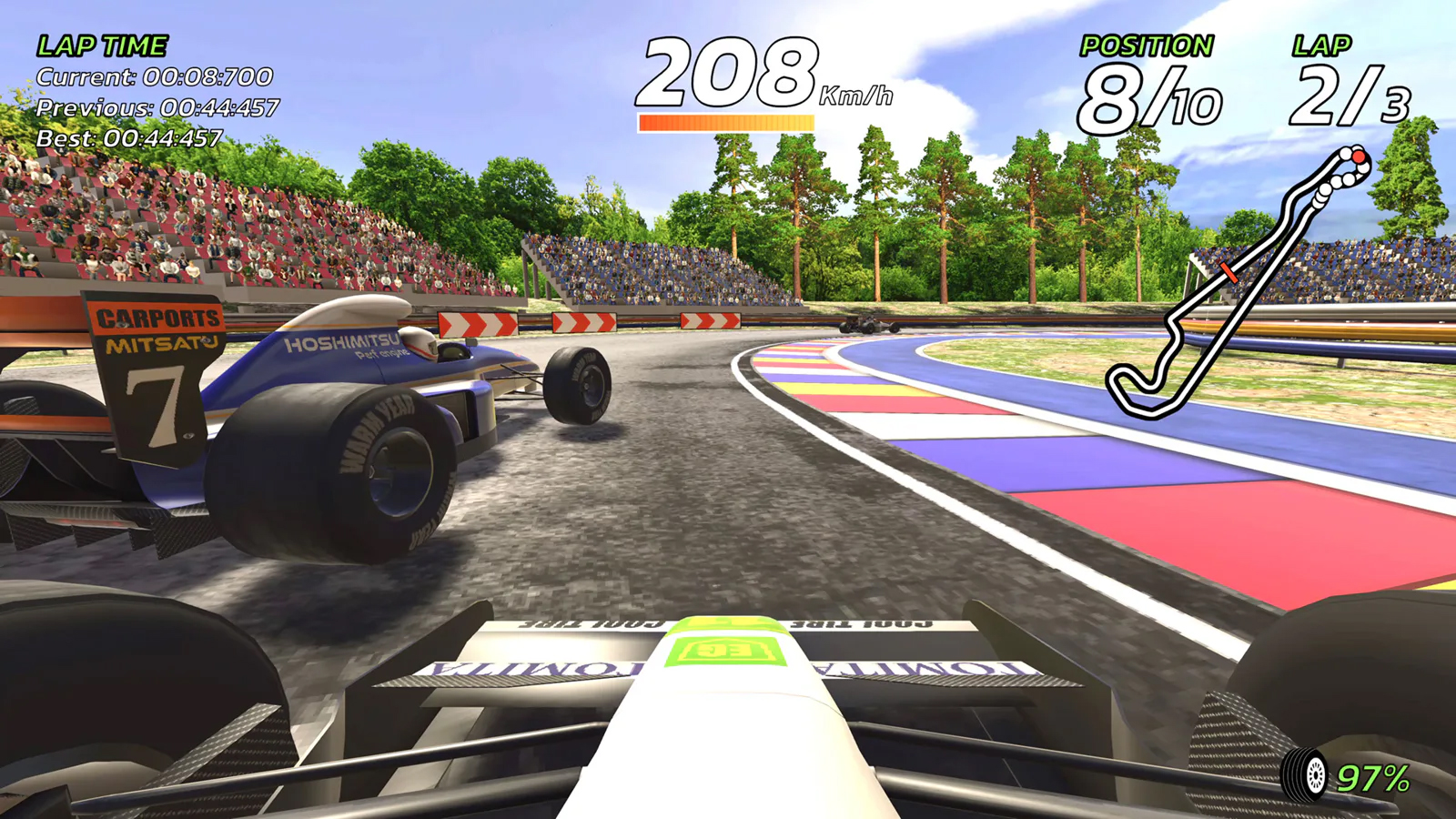 Retro racing game 4PGP, colourful low-poly game screens