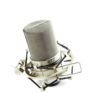 An MXL 990 condenser microphone with shock mount