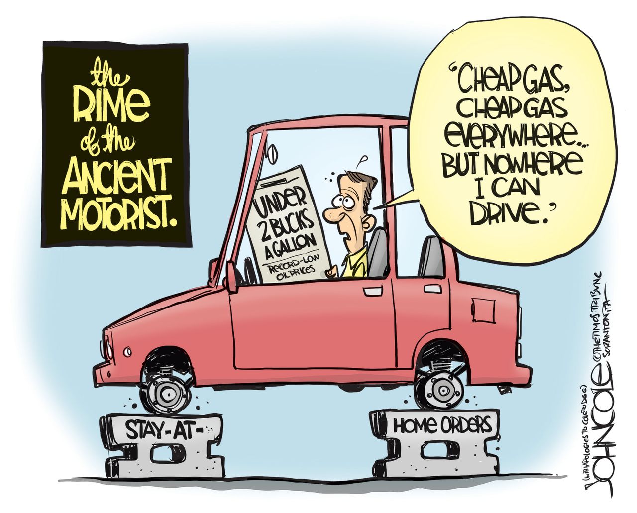 Editorial Cartoon U.S. cheap gas stay at home no driving