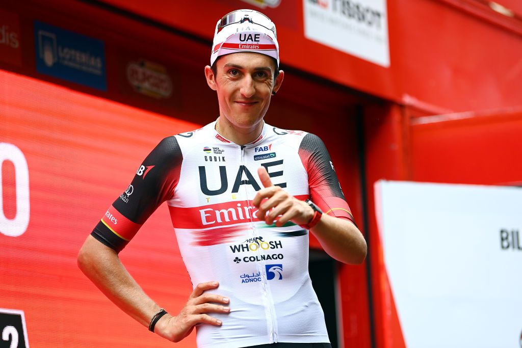 BILBAO SPAIN AUGUST 24 Marc Soler Gimenez of Spain and UAE Team Emirates celebrates winning the stage on the podium ceremony after the 77th Tour of Spain 2022 Stage 5 a 1872km stage from Irn to Bilbao LaVuelta22 WorldTour on August 24 2022 in Bilbao Spain Photo by Tim de WaeleGetty Images