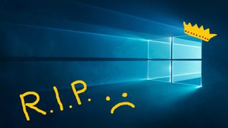 The Windows 10 default wallpaper, wearing a little MS Paint crown that I feel accurately describes the weight of loss we're all experiencing as a result of its eventual demise. Also, a poorly-drawn RIP. And a sad face.