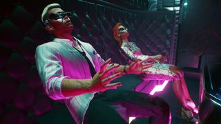 Two characters braindancing in virtual reality in Cyberpunk 2077.