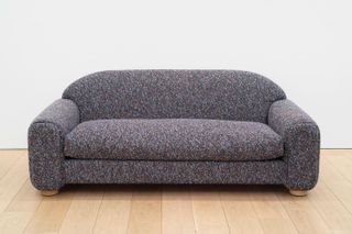 Nipomo sofa by Ryan Preciado upholstered in purple and blue fabric by Raf Simons for Kvadrat