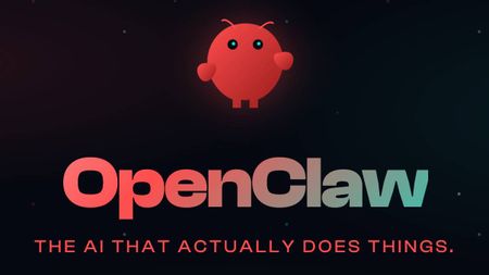 The OpenClaw logo, with its name and a catchphrase "the AI that actually does things."
