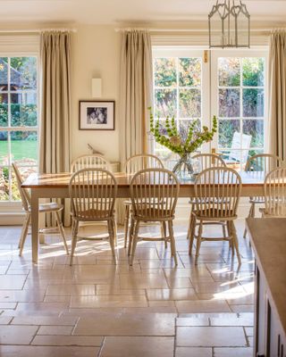 dining room with farmhouse style dining chairs