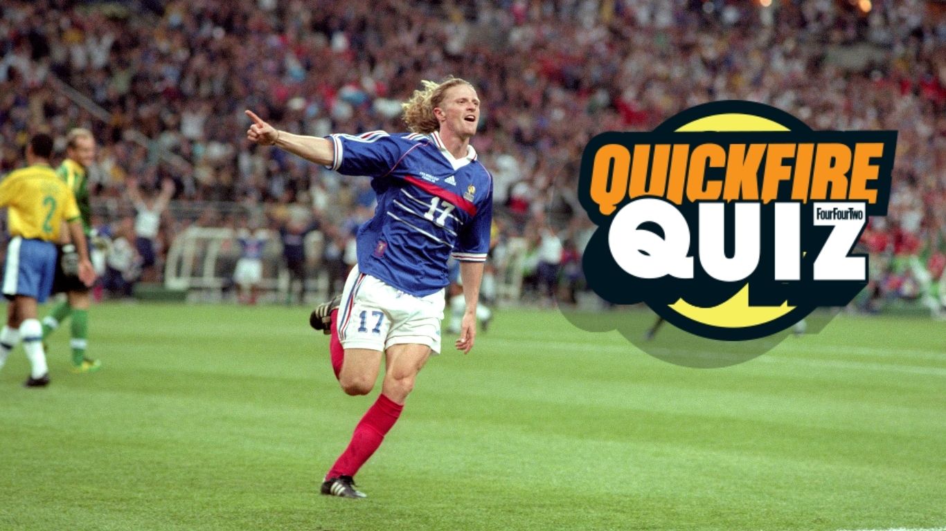 12 July 1998 FIFA World Cup Final - France v Brazil - Emmanuel Petit celebrates after scoring the third goal for France
