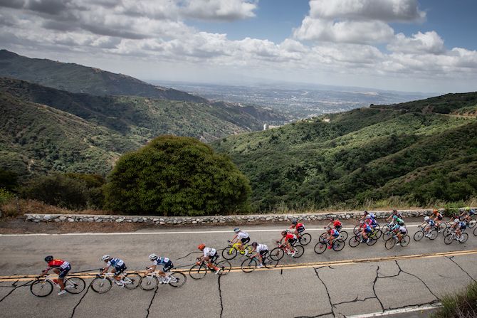 The lead group makes its way up the climb of Glendora Mountain Road on stage 2 of the 2019 Tour of California Women's Race