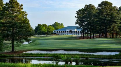 A view from the tee on the par 4, 18th hole with the clubhouse behind on the Pinehurst No.8 course at The Pinehurst Resort on May 13, 2023 in Pinehurst, North Carolina. 