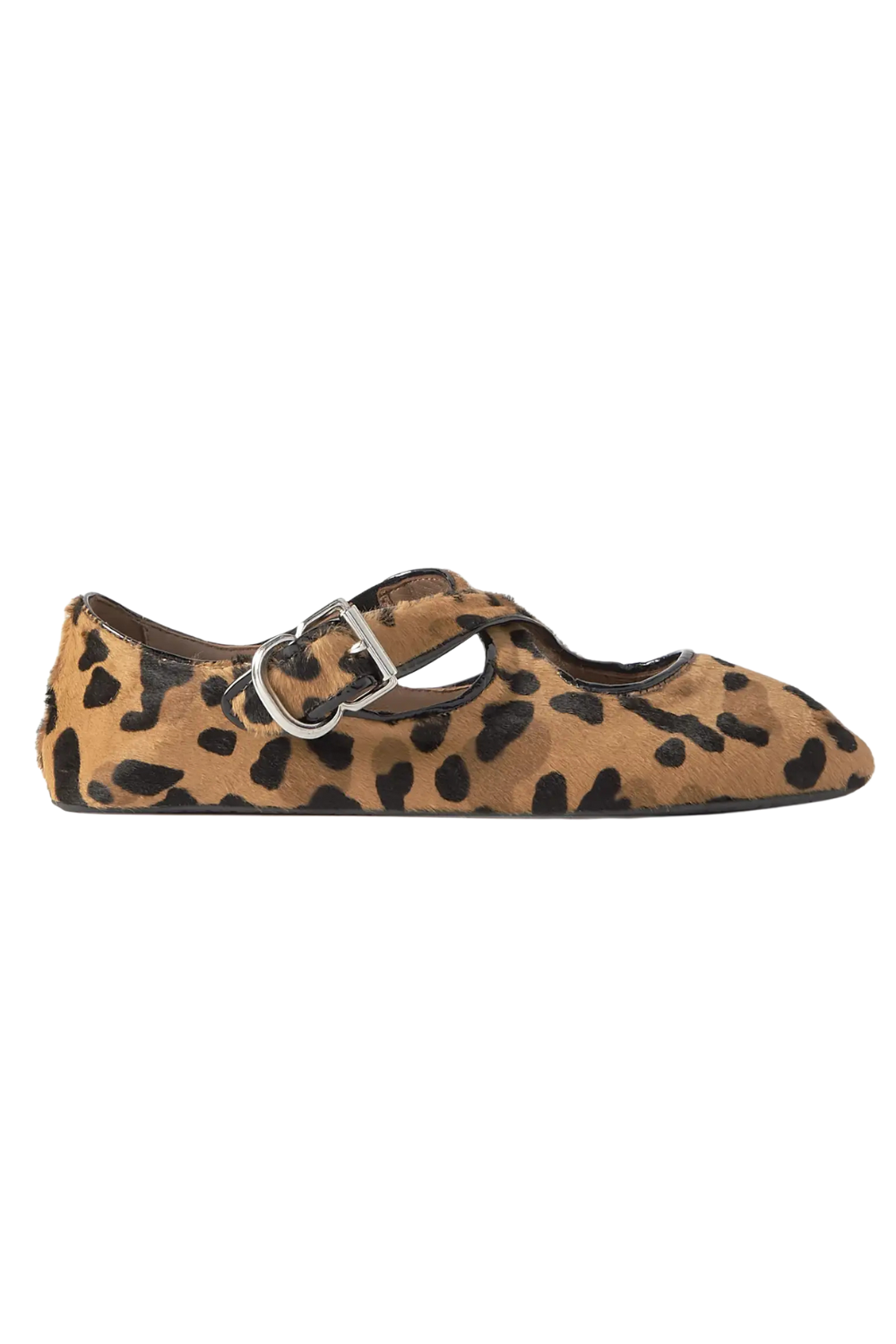 Criss Cross Patent-Leather Trimmed Leopard-Print Calf Hair Ballet Flats