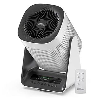 Coway Air Purifier with is a white rectangular angled canister with a fan design on the front and a triangular black base that has 9 buttons for controls and a separate white remote control too