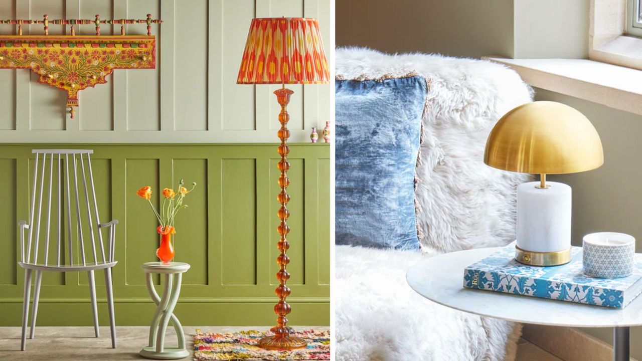 Two images of Pooky Lights USA buys, including an orange bubbly floor lamp in a green entryway and a marble and brass dome table lamp in a living room next to a cozy chair with fuzzy pillows