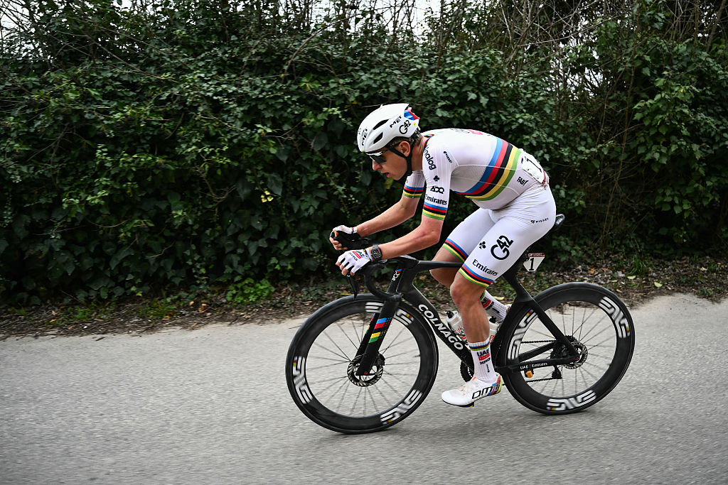 UAE Team Emirates's Slovenian Tadej Pogacar rides during the 20th one-day classic 'Strade Bianche' (White Roads) men's cycling race between Siena and Siena in Tuscany on March 7, 2026. (Photo by Marco BERTORELLO / AFP)
