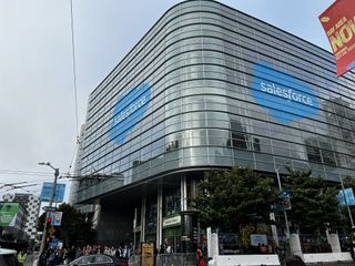 Salesforce logo on a building opposite the Moscone Center in San Francisco, USA.