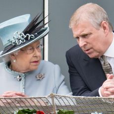 Queen Elizabeth wearing a light blue hat and coat talking to ex-Prince Andrew leaning over a railing