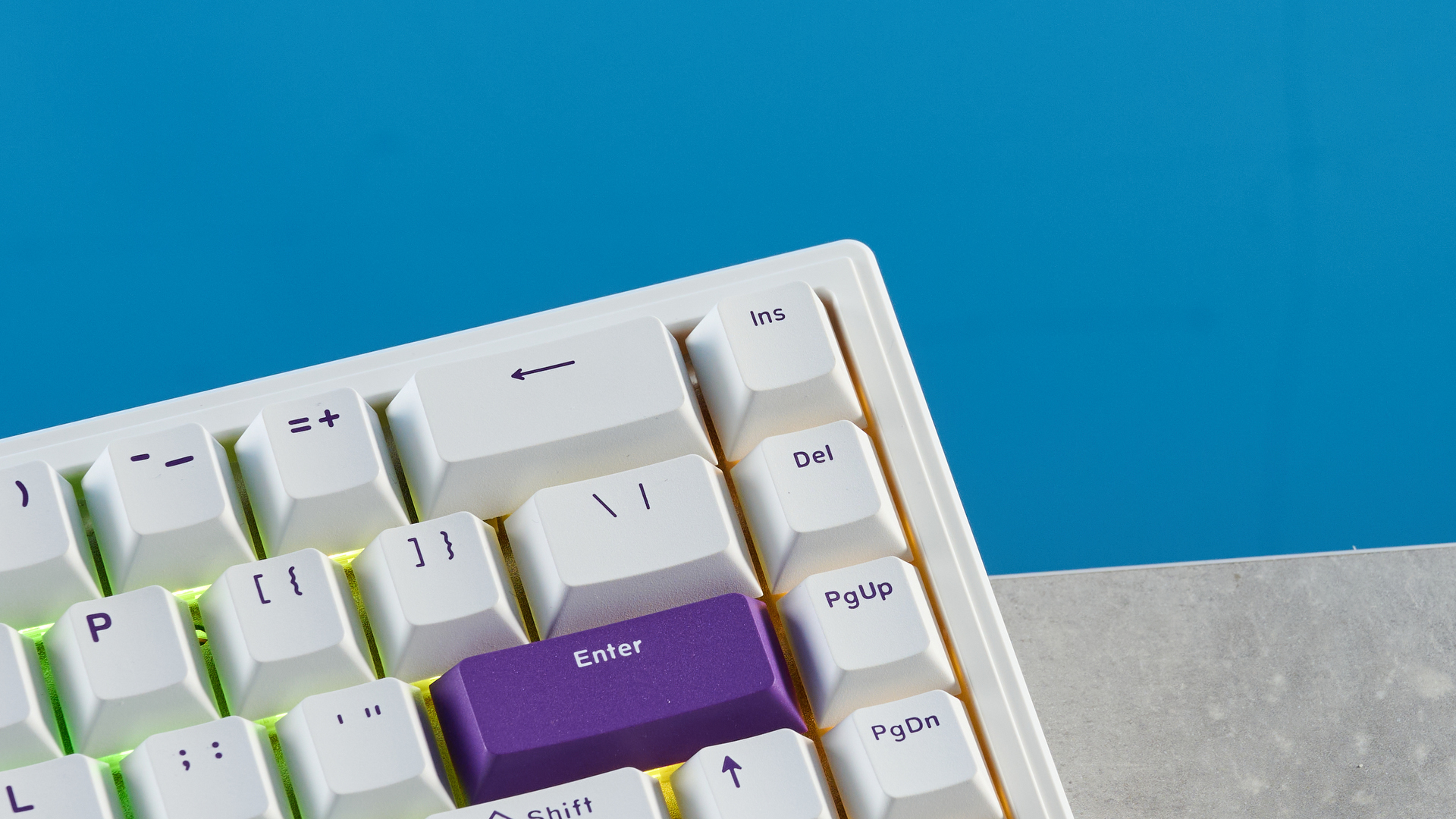 A white and purple Epomaker HE68 Hall Effect keyboard