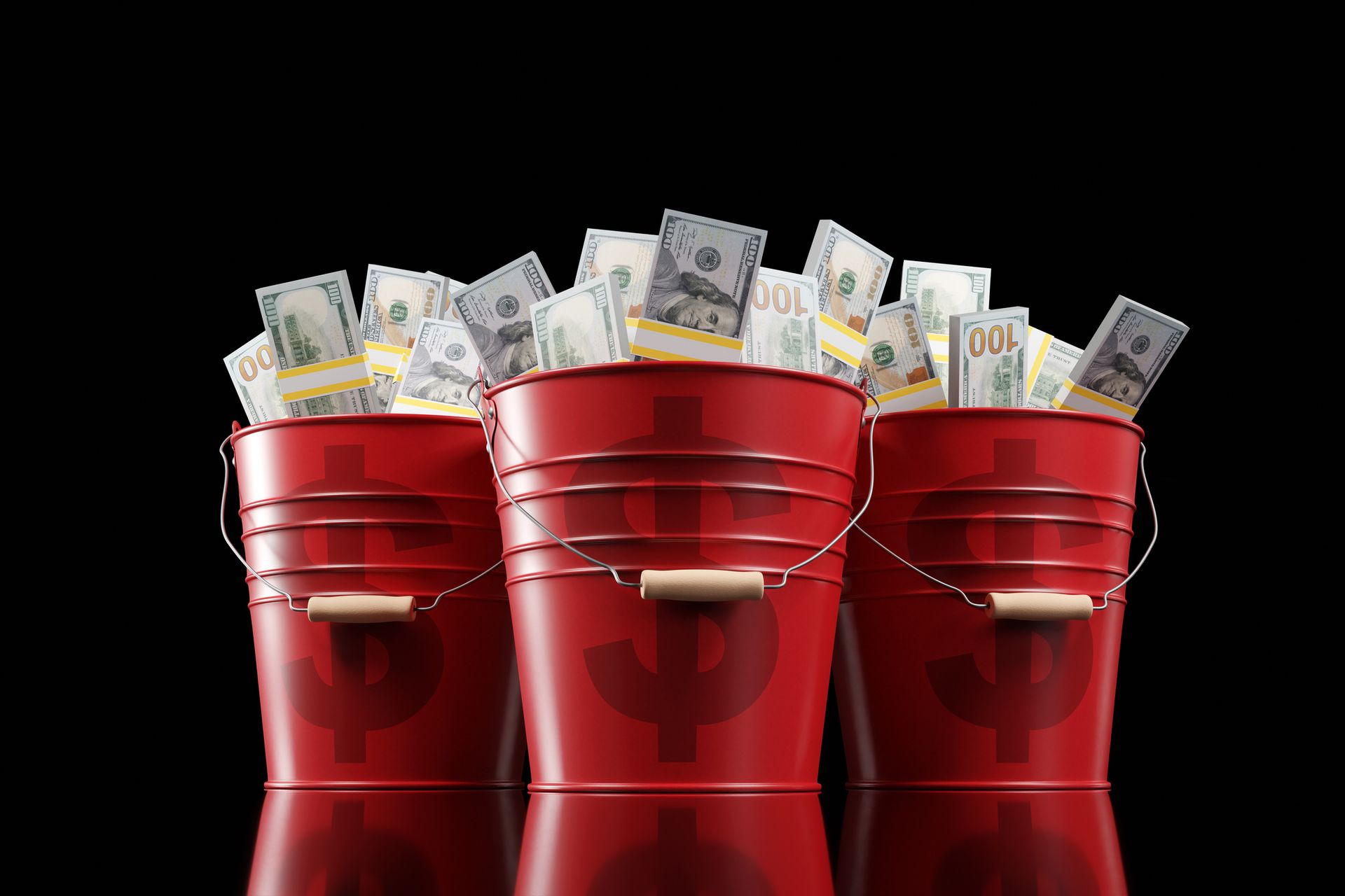 US 100 dollar bills in red metal buckets on glossy black background. Illustration of the concept of American federal reserve, finance and economy