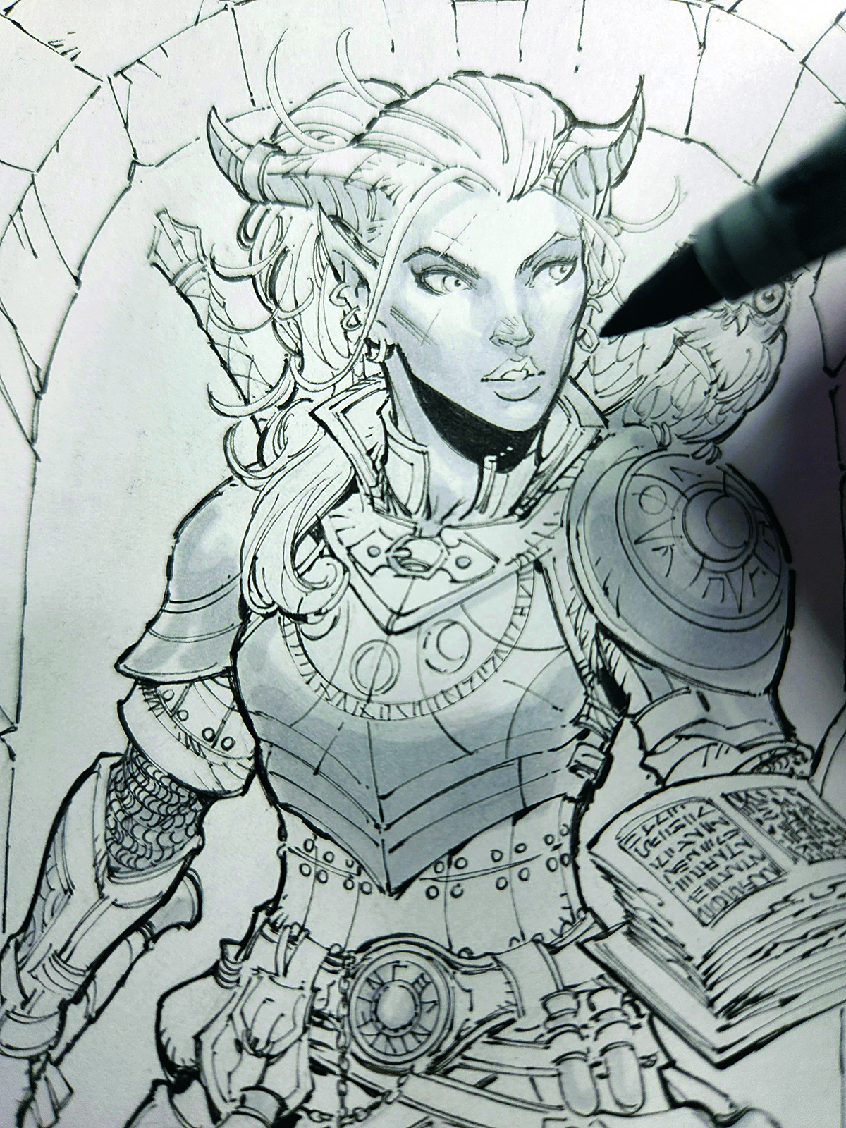 An image showing a step from a drawing tutorial on how to draw a fantasy character in pencil, pen and marker