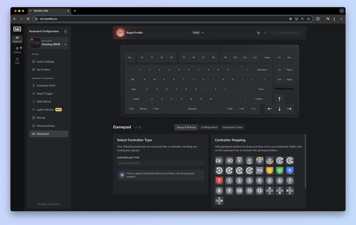 The Wootility.io app being used to customize the Wooting 80HE