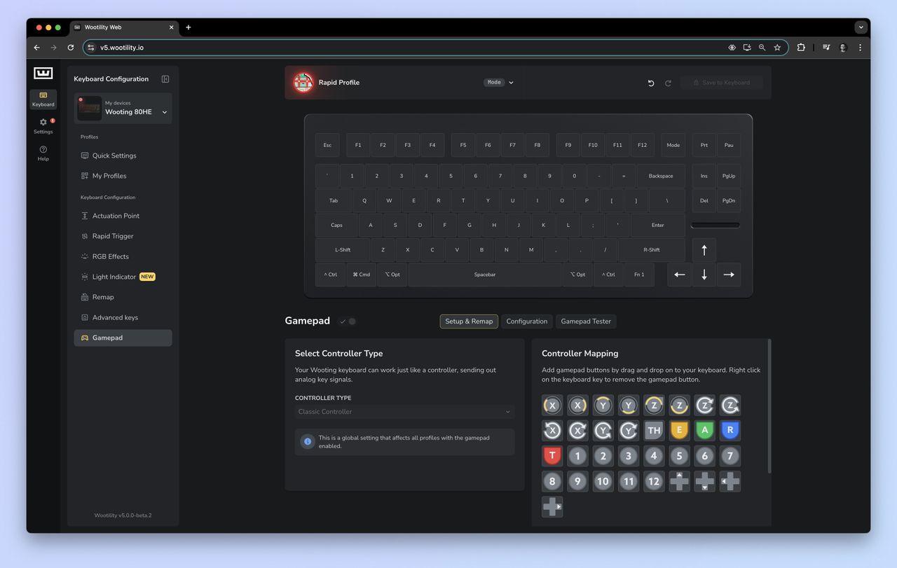 The Wootility.io app being used to customize the Wooting 80HE