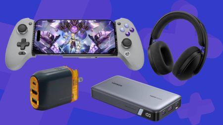 Image of a bunch of gaming accessories on a blue GamesRadar+ background.