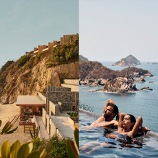 four reasons tamarindo resort from the shore. and two guests relaxing in an infinity pool overlooking the ocean.