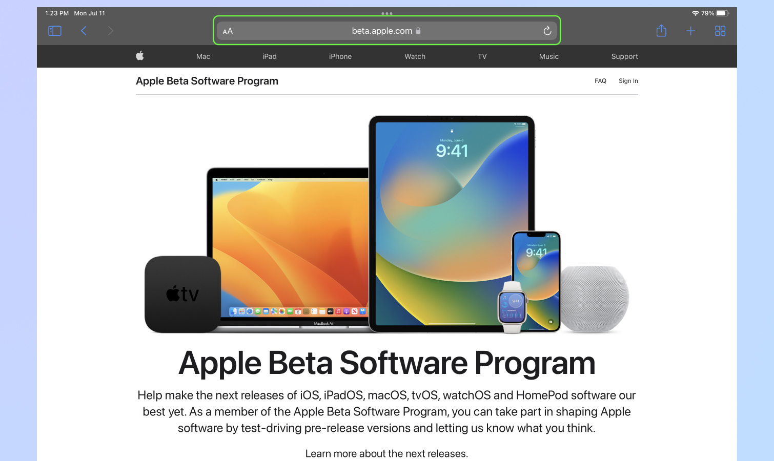 Страница установки бета-версии iPadOS 16 beta.apple.com