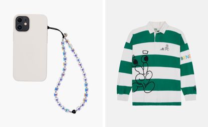 Left, phone with beaded wristlet, right, green and white striped top with illustration, both by String Ting