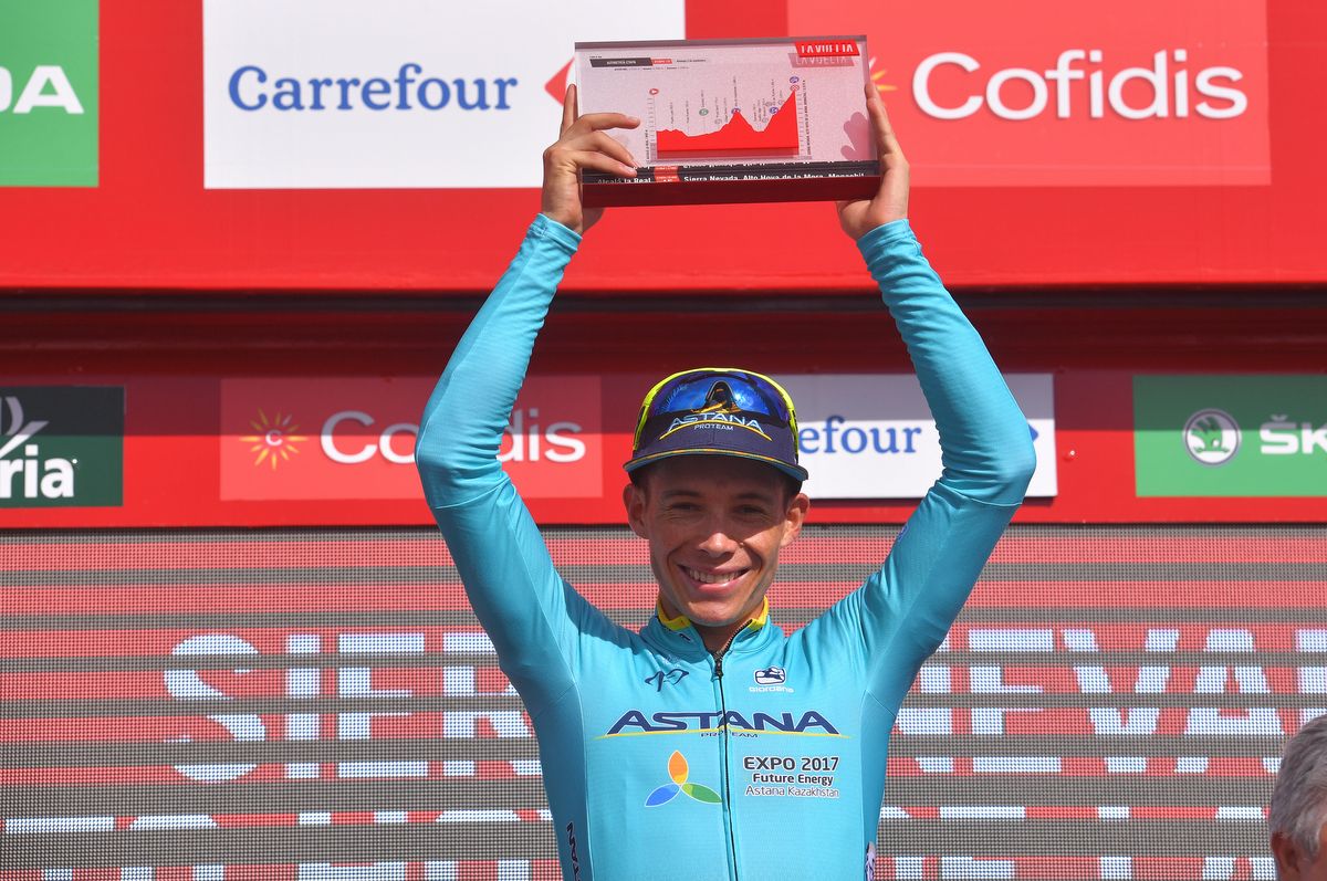 Now a two-time Vuelta stage winner, Miguel Angel Lopez (Astana) shows off his prize