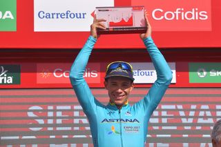 Now a two-time Vuelta stage winner, Miguel Angel Lopez (Astana) shows off his prize