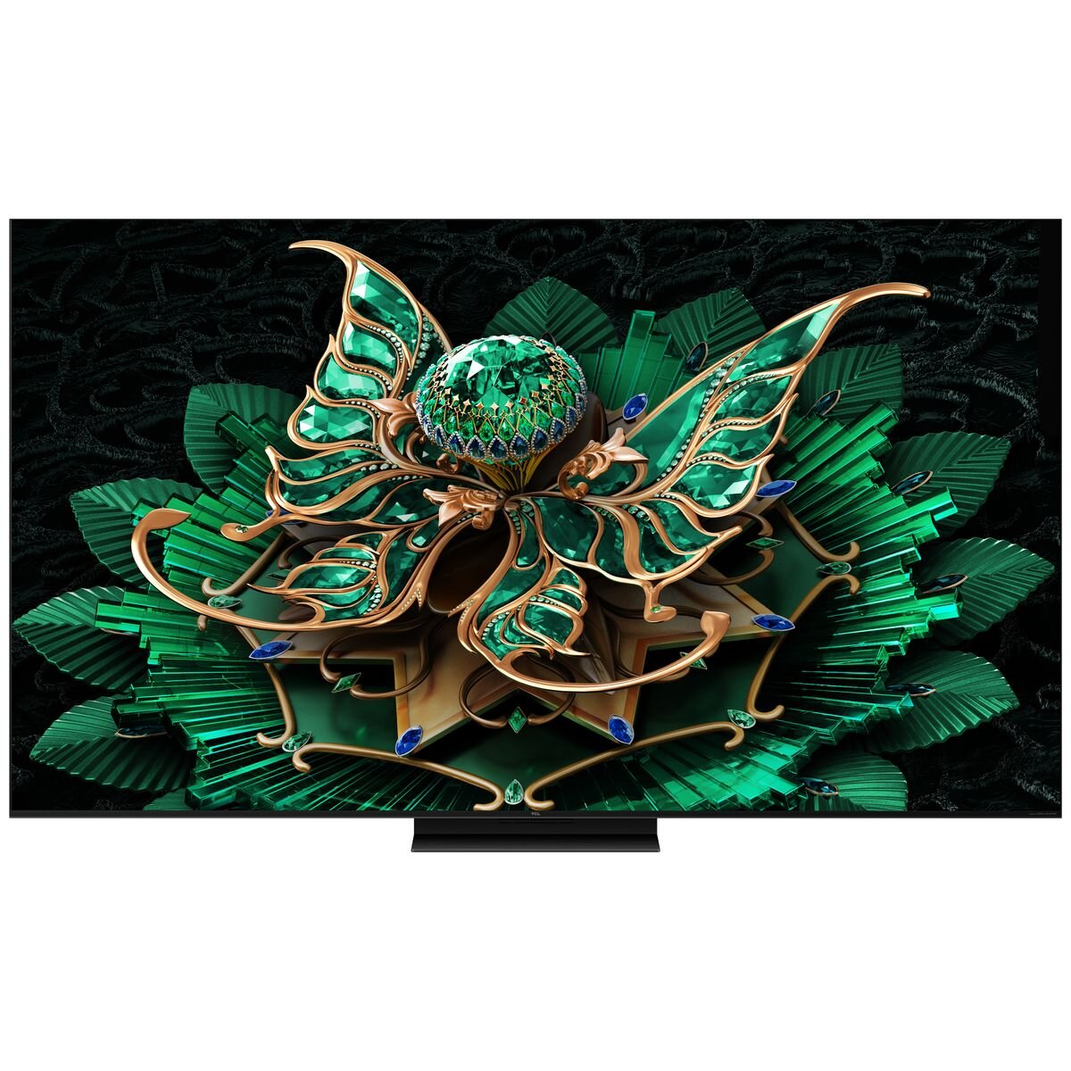 TCL C7K Mini LED TV displaying a bright-green jewelled butterfly