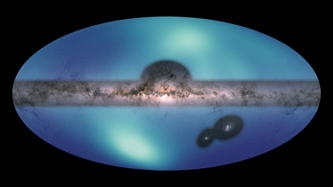 The map reveals a bright patch, a wake of stars, beneath the Milky Way&#039;s halo. In the bottom right, the Large Magellanic Cloud continues its orbit. 