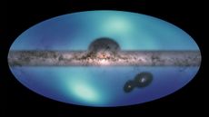 The map reveals a bright patch, a wake of stars, beneath the Milky Way's halo. In the bottom right, the Large Magellanic Cloud continues its orbit. 