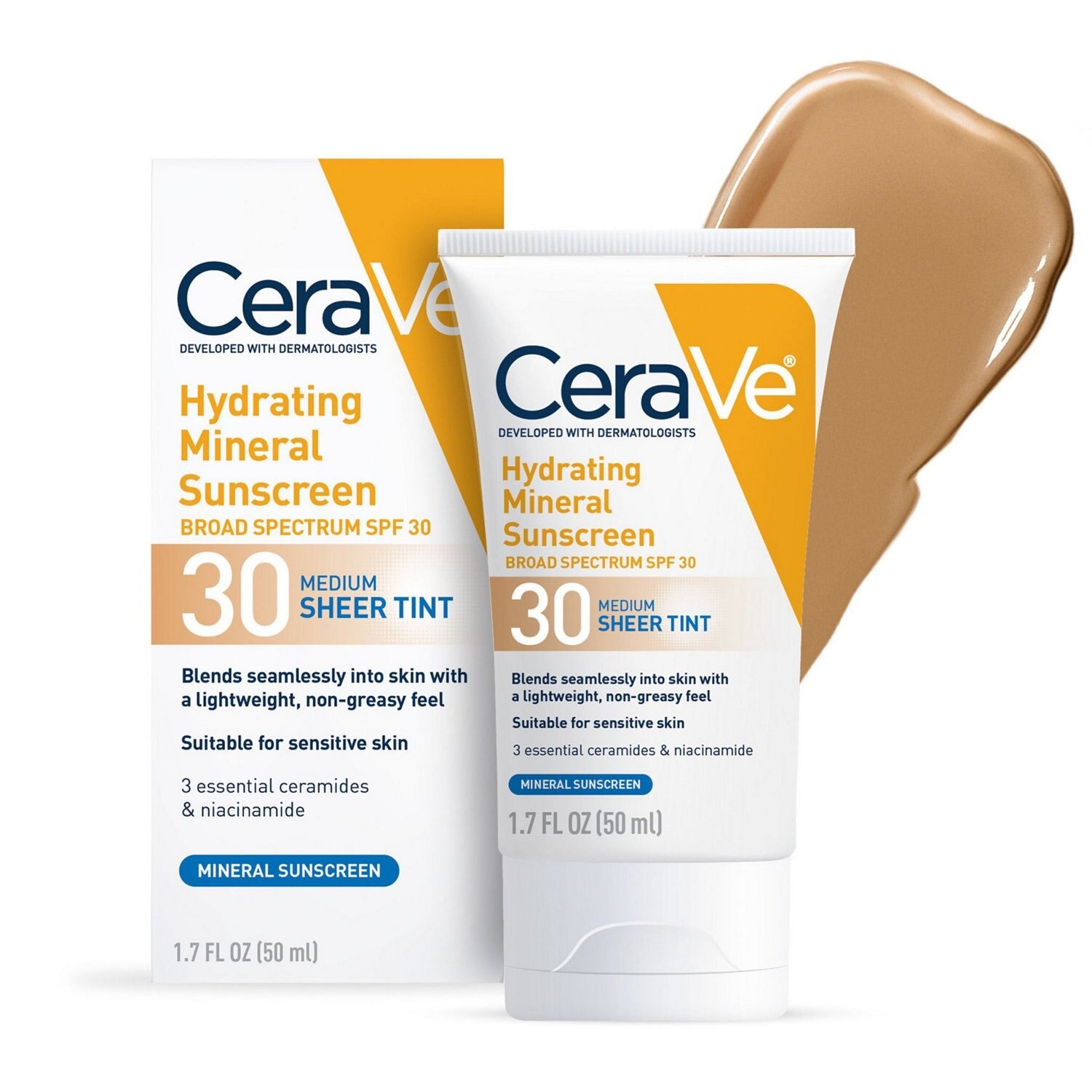 CeraVe, Cerave Hydrating Mineral Sunscreen, Medium Sheer Tint, Broad Spectrum Spf 30, 1.7 Oz