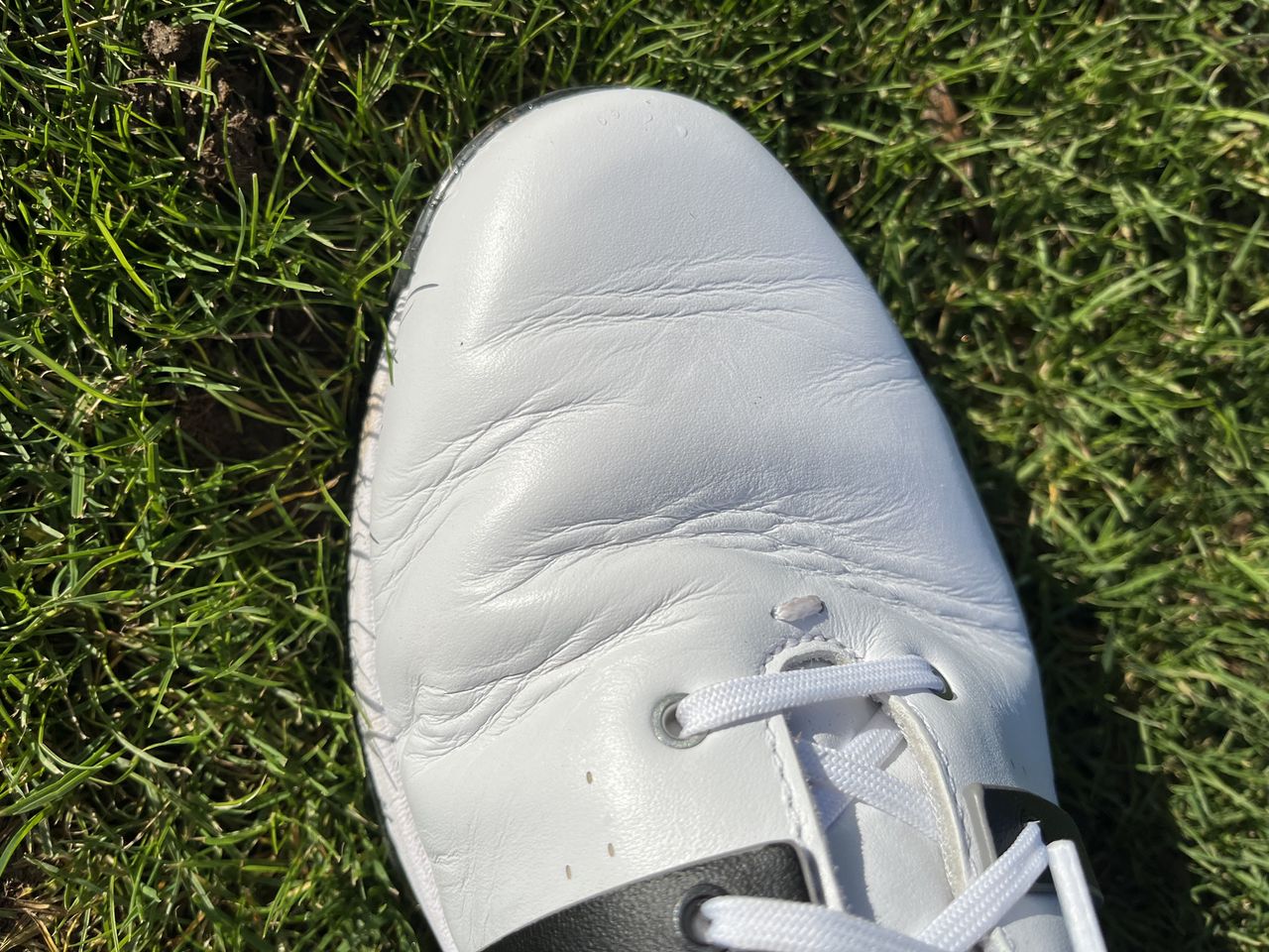 A detail of the leather upper on the Adidas Tour360 24 golf shoe