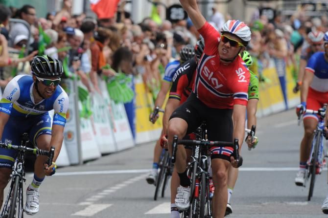 Edvald Boasson Hagen (Sky) celebrates victory in stage 3 at the Crit&eacute;rium du Dauphin&eacute;