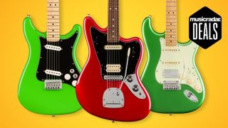 Three Fender Player Plus series guitars on a yellow background