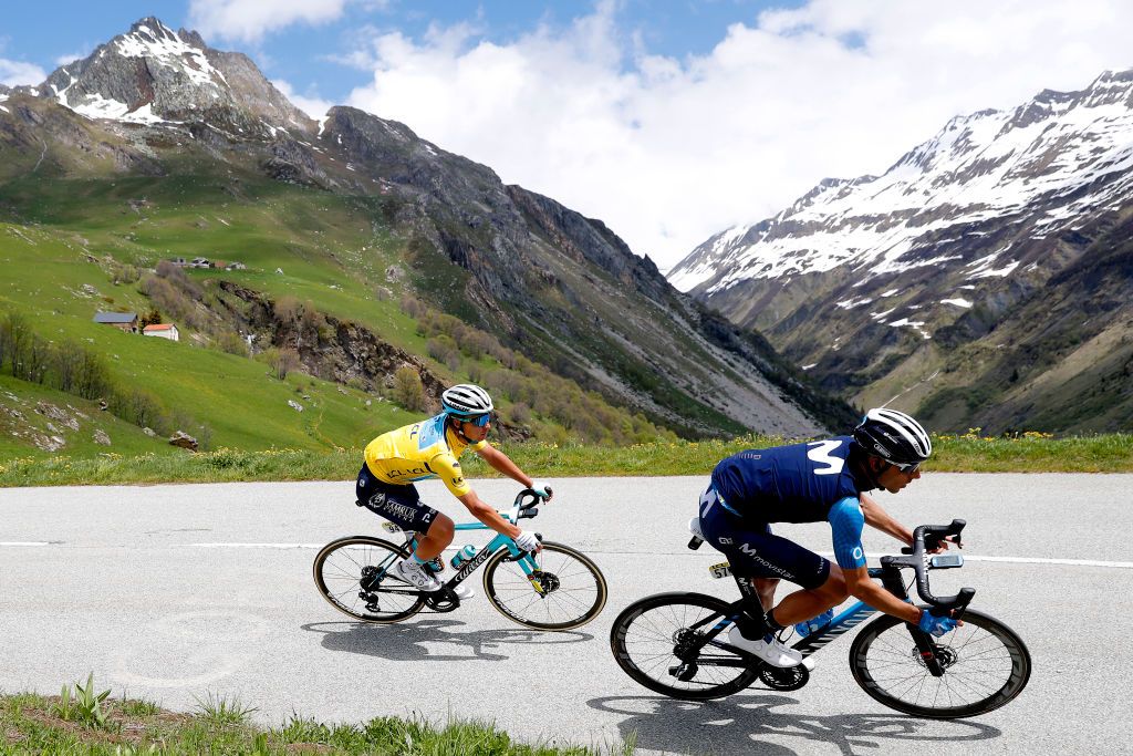 LA PLAGNE FRANCE JUNE 05 Alexey Lutsenko of Kazahkstan and Team Astana Premier Tech yellow leader jersey Carlos Verona Quintanilla of Spain and Movistar Team during the 73rd Critrium du Dauphin 2021 Stage 7 a 1715km stage from SaintMartinLeVinoux to La Plagne 2072m Mountains Snow UCIworldtour Dauphin dauphine on June 05 2021 in La Plagne France Photo by Bas CzerwinskiGetty Images