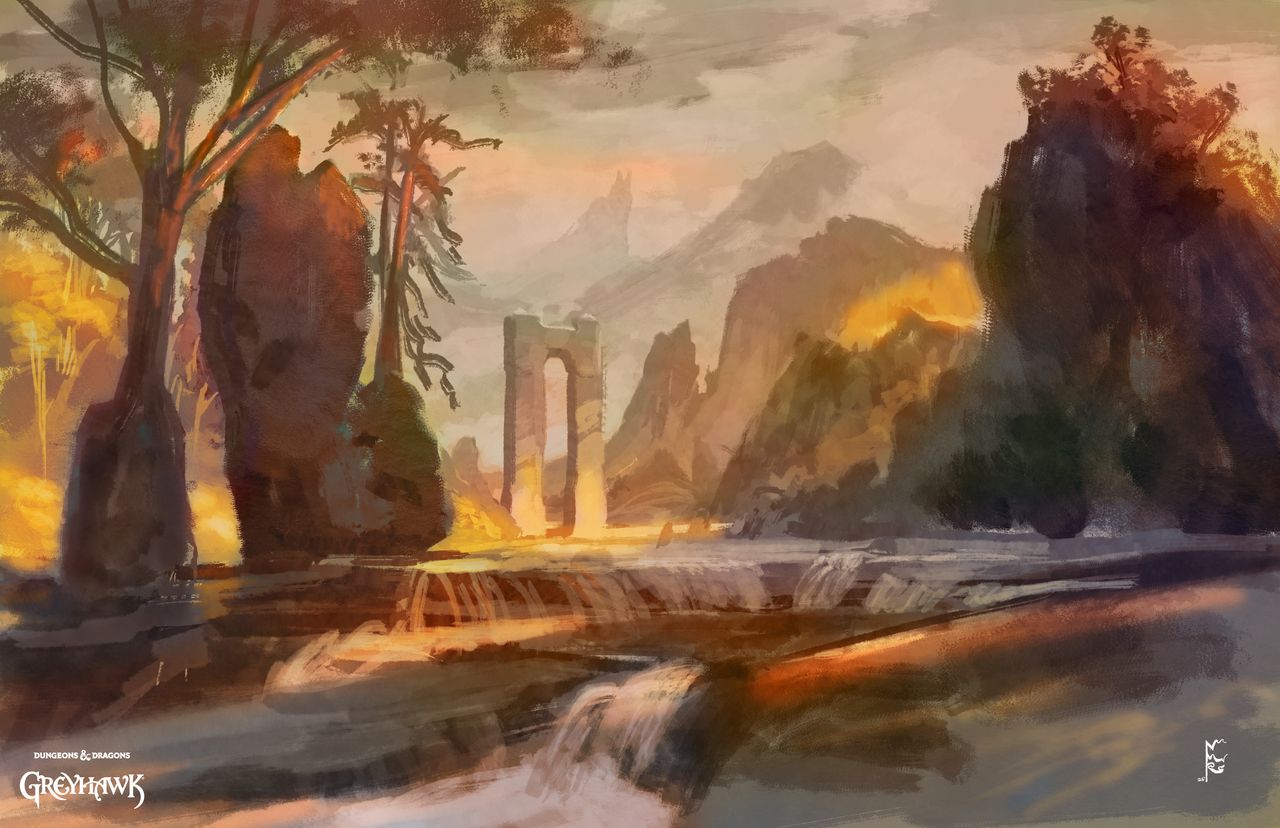 A stream with trees, a ruin, and mountains in the backdrop