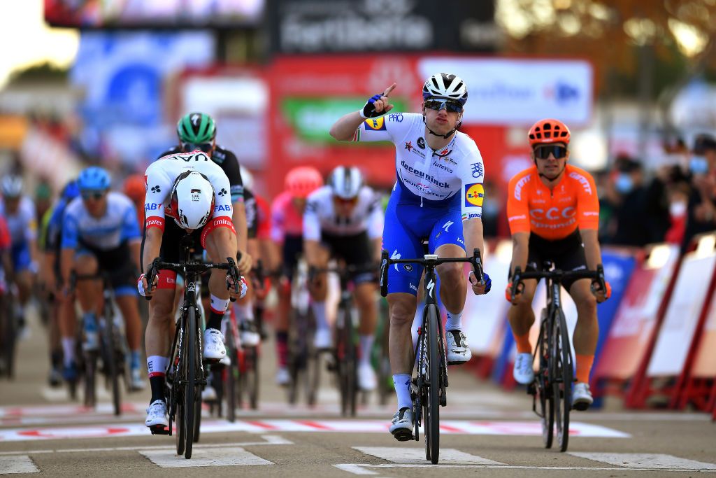 EJEADELOSCABALLEROS SPAIN OCTOBER 23 Arrival Sam Bennett of Ireland and Team Deceuninck QuickStep Jasper Philipsen of Belgium and UAE Team Emirates Jakub Mareczko of Italy and CCC Team during the 75th Tour of Spain 2020 Stage 4 a 1917km stage from Garray Numancia to Ejea de los Caballeros lavuelta LaVuelta20 La Vuelta on October 23 2020 in Ejea de los Caballeros Spain Photo by Justin SetterfieldGetty Images