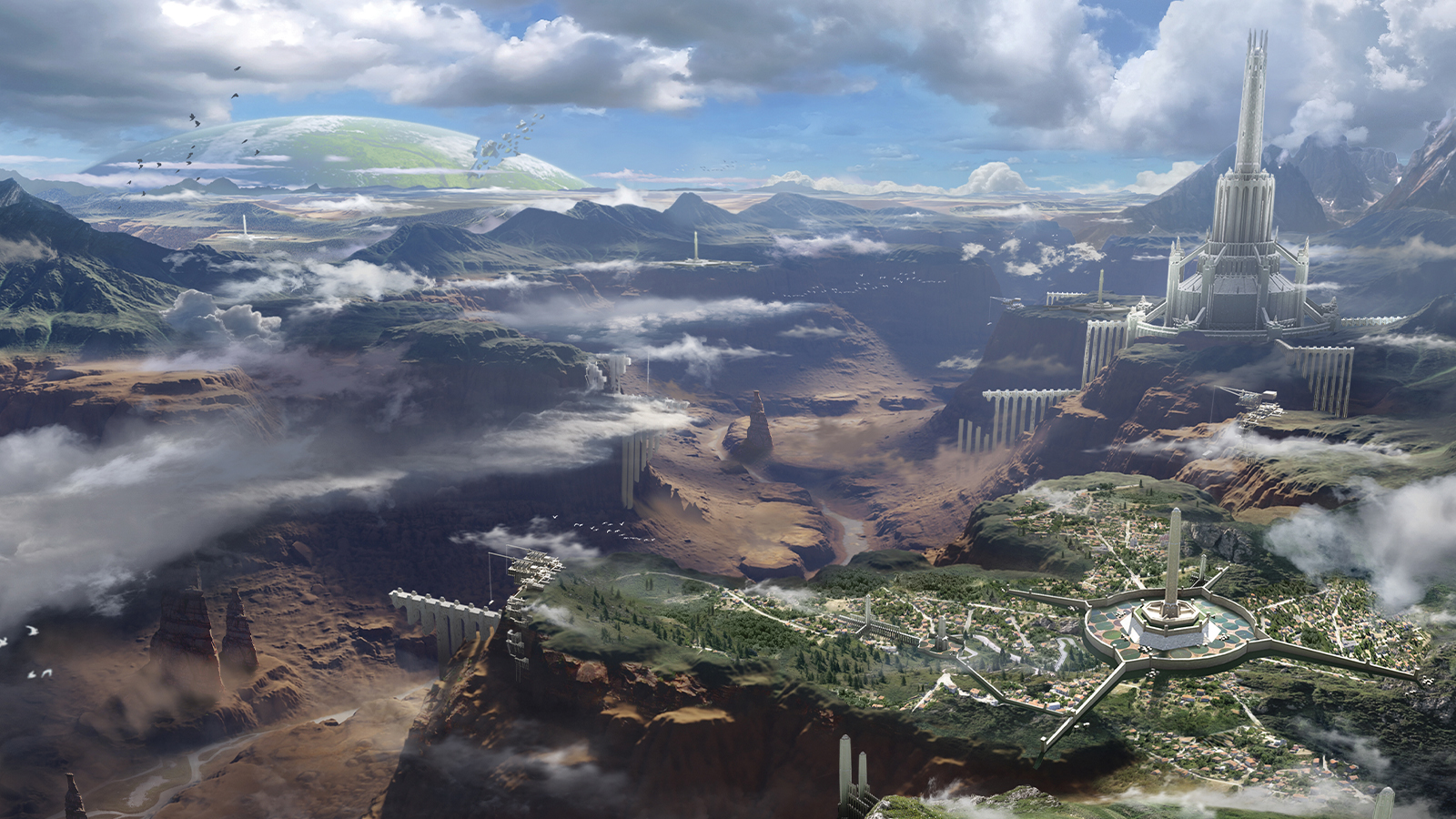 A 3D render of a fantasy landscape, a castle and canyon