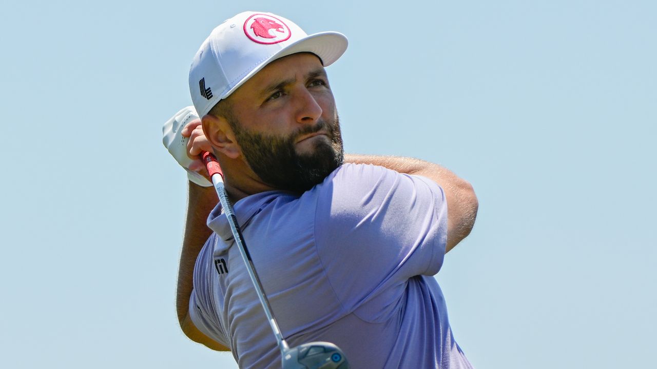 Jon Rahm takes a tee shot at LIV Golf Houston