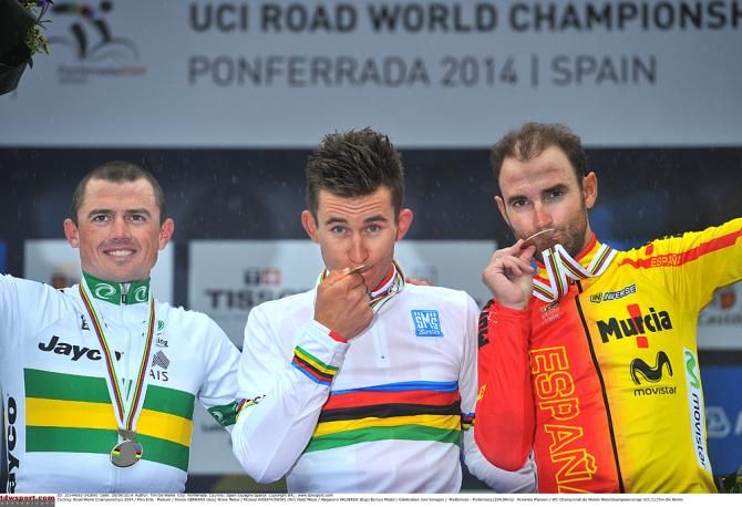 Worlds podium (l-r): Simon Gerrans (Australia), Michal Kwiatkowski (Poland) and Alejandro Valverde (Spain)