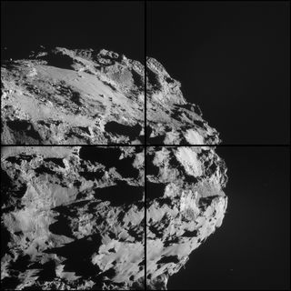 Mosaic showing a wide-angle view of comet 67P/Churyumov-Gerasimenko taken from 9.3 miles (15 km) above the surface Oct. 8, 2014.