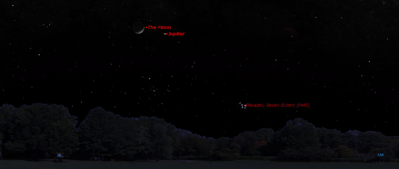 Jupiter will appear near the moon on April 14, 2013, in what astronomers call a conjunction.