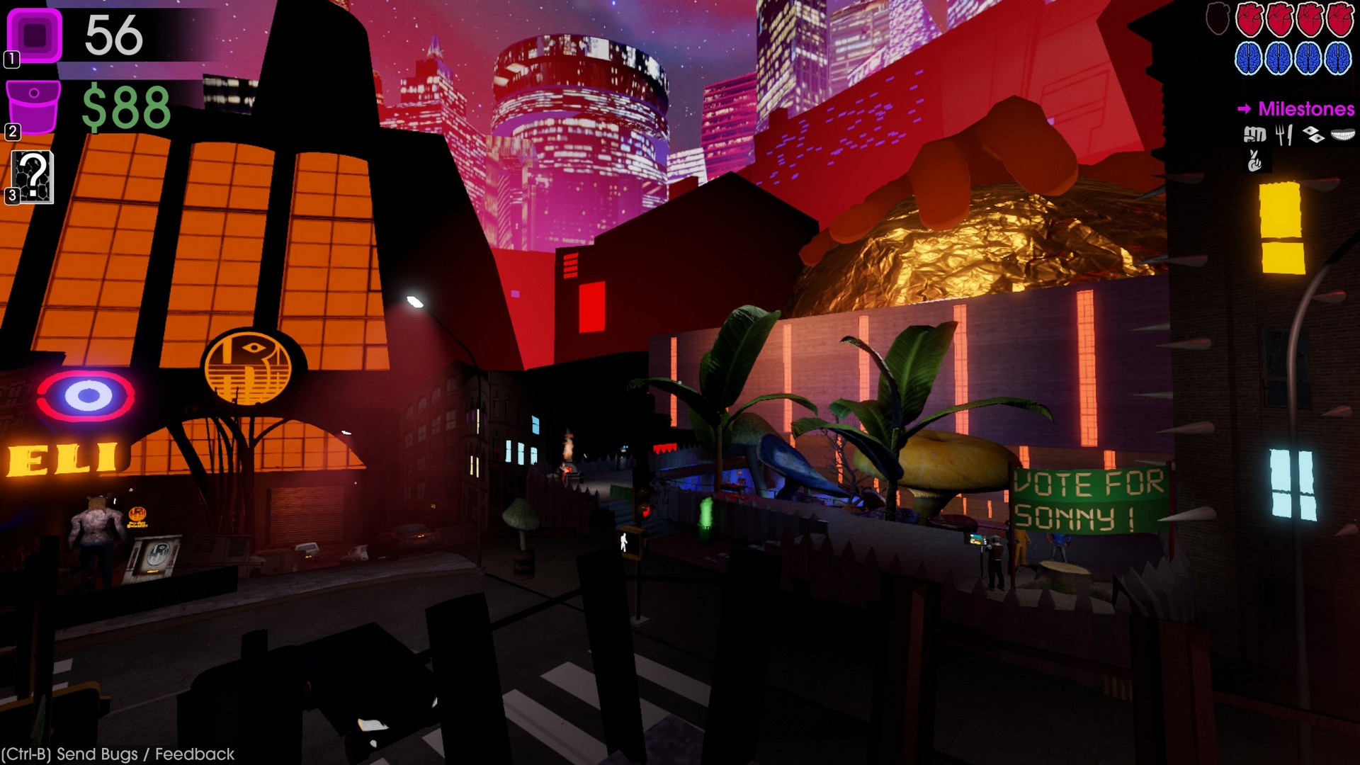 A view of the city streets with massive buildings and statues with garish designs and colors, in Moves of the Diamond Hand