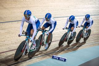 Italian team compete in the women's team pursuit event during the European Track Cycling Championships