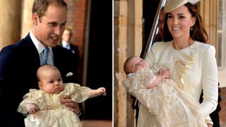 (L) Prince William and a baby Prince George, (R) Kate Middleton and Prince George
