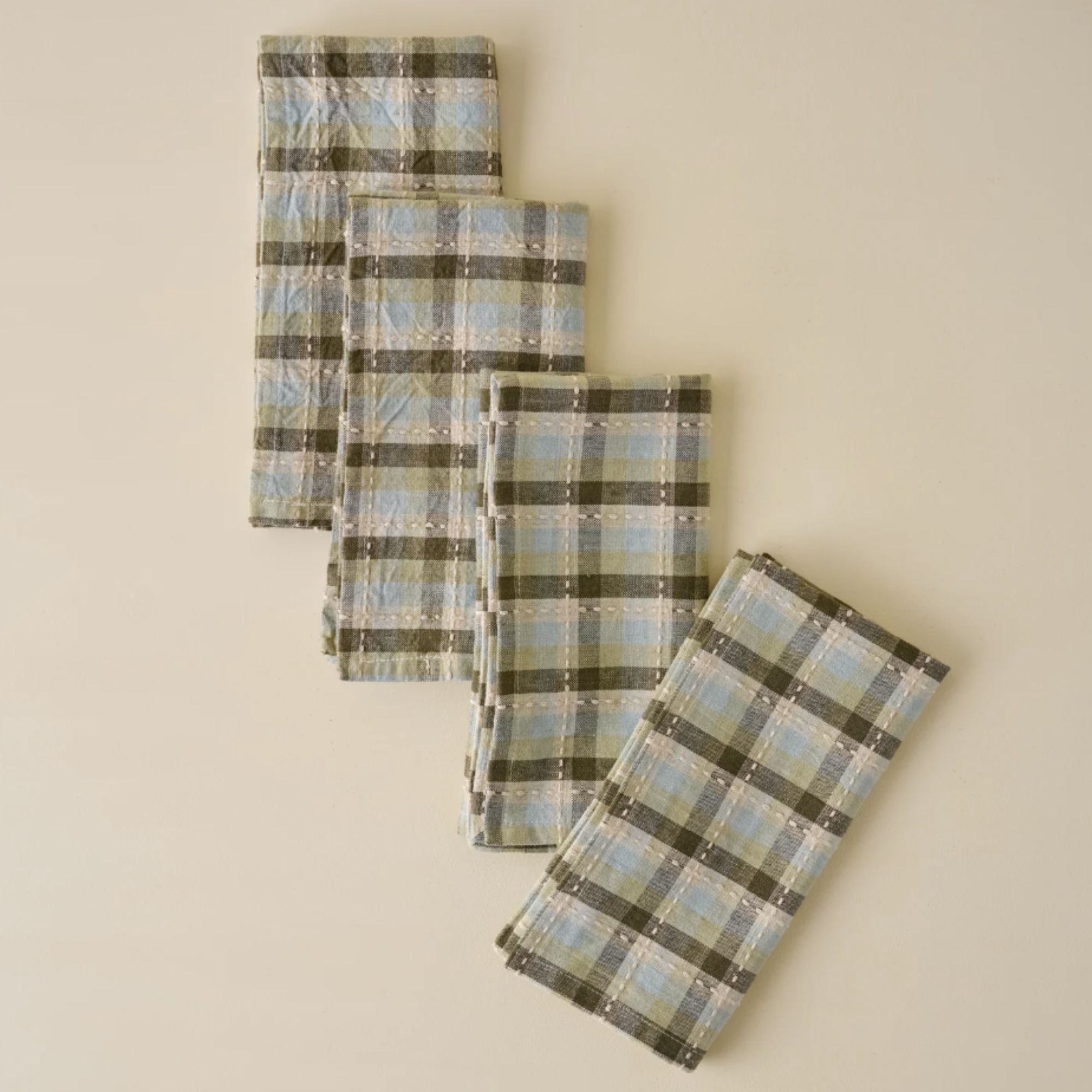 Olive green and pale blue plaid napkins
