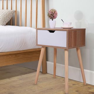 mid-century modern nightstand with drawer in bedroom