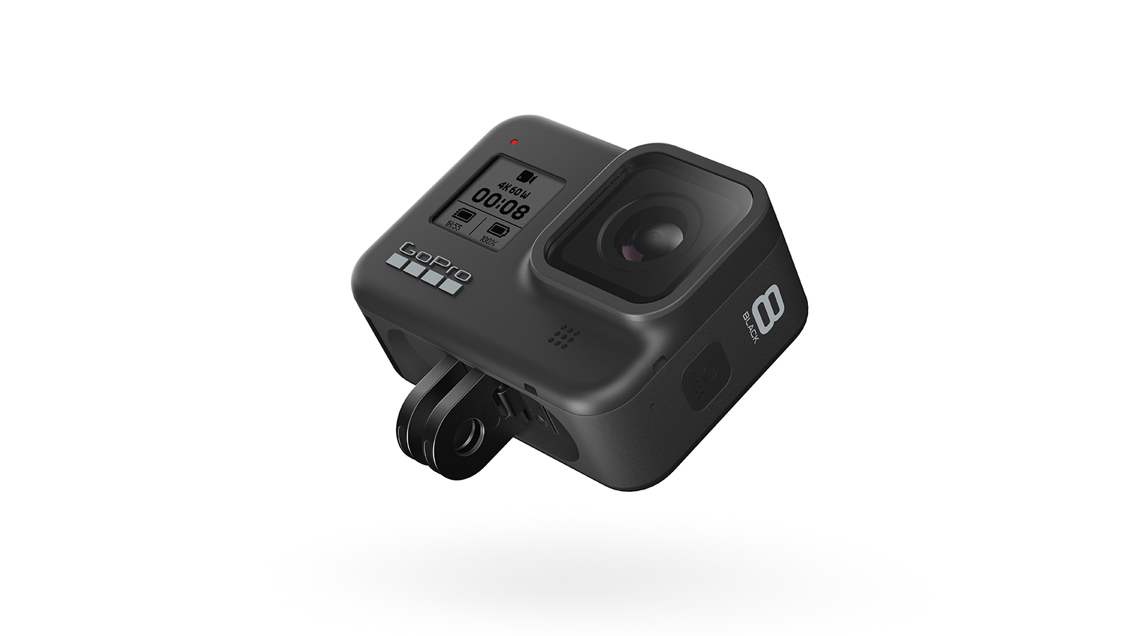 GoPro Hero 8 Black action camera photographed with its folding finger mounts extended